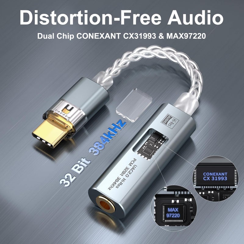 Mxcudu محول USB C إلى 3.5 مم مزود بشريحة DAC مزدوجة CX31993&MAX97220، دنجيل صوتي مع مضخم HiFi، محول USB C إلى 3.5 مم لسماعات الرأس وموصل USB A لأجهزة Android وiPhone وiPad وPC وMac - Image 4